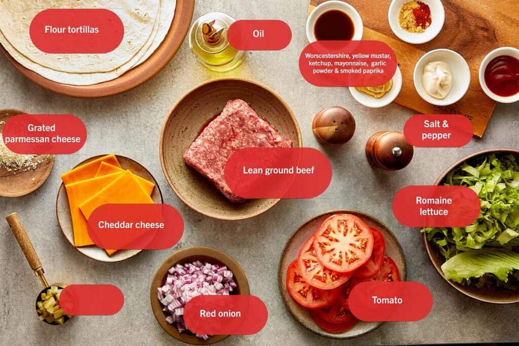 a top down view of all the ingredients needed to make big mac cheeseburger wraps - 2