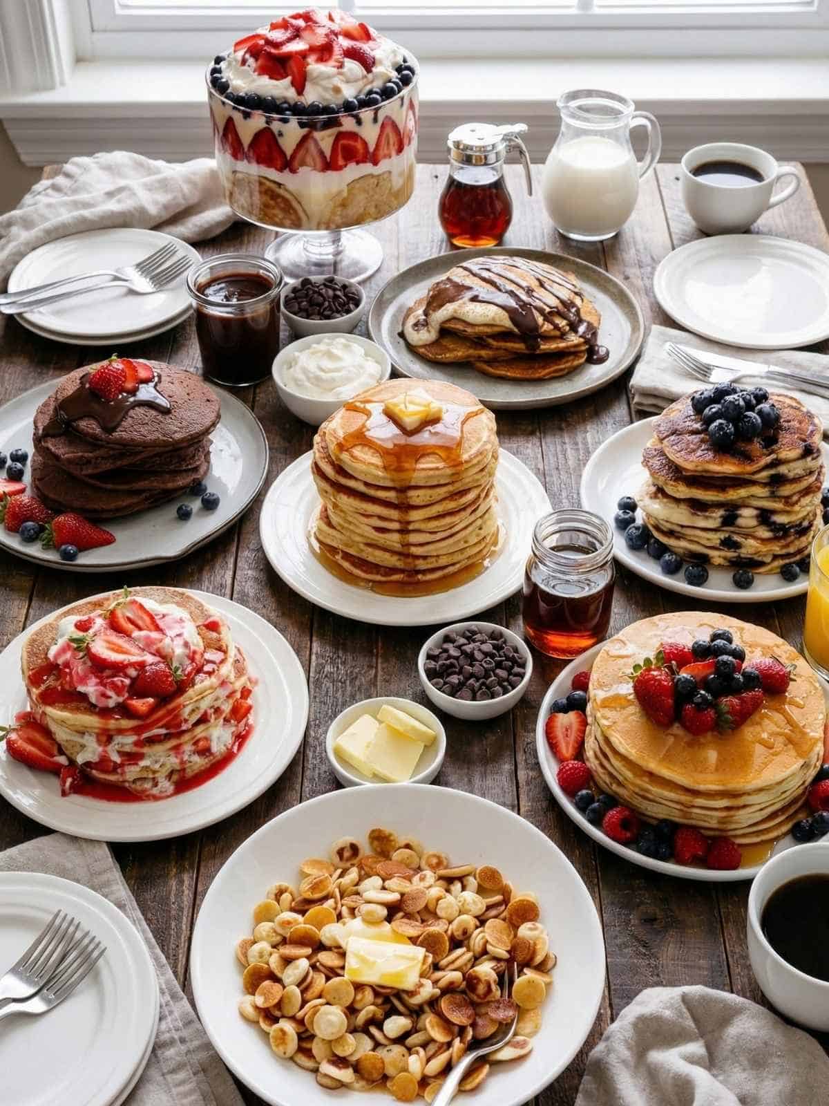 a side view of a table filled with different variations of pancake recipes starting with a cereal bowl filled with pancakes and strawberries and cream - 1
