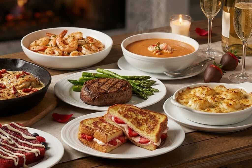 a side view of 8 recipes for valentine's day arranged on a wooden table with two flute champagne glasses and a bottle of champagne in the background