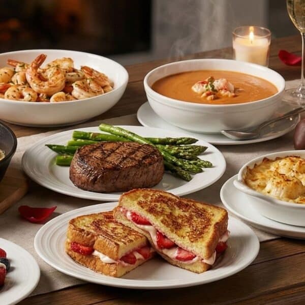 a side view of 8 recipes for valentine's day arranged on a wooden table with two flute champagne glasses and a bottle of champagne in the background