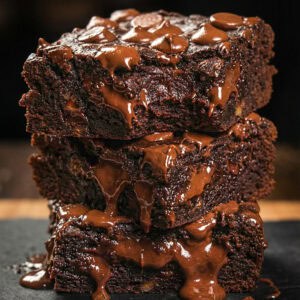 front view of the sweet potato brownie stacked up in 3 chunks on a chopping board.