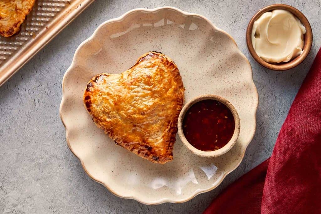 top down view of a heart baked on a plate with sauce