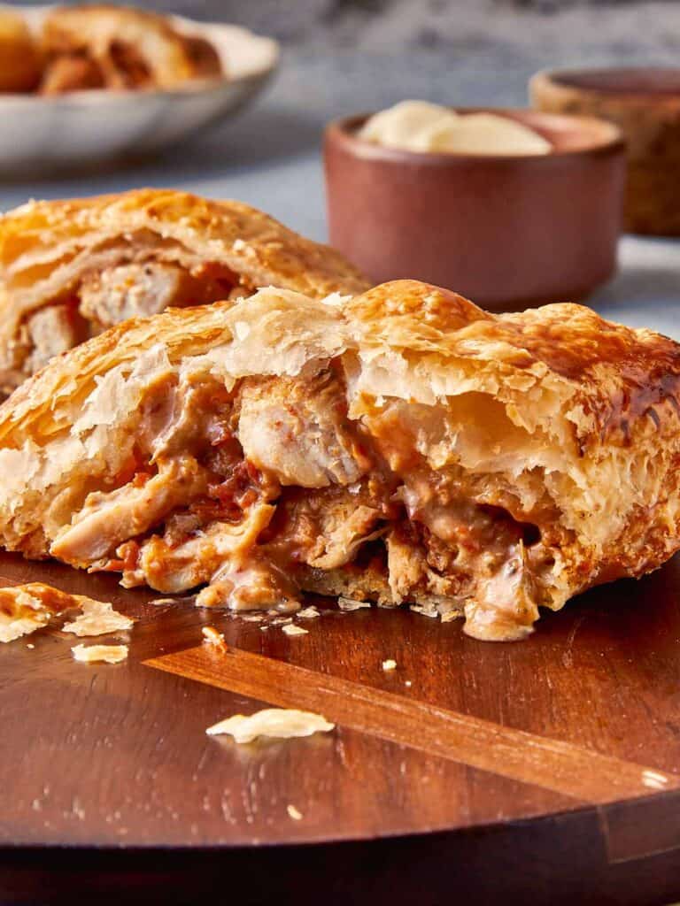 side view of a heart cut open in half with chicken stuffing