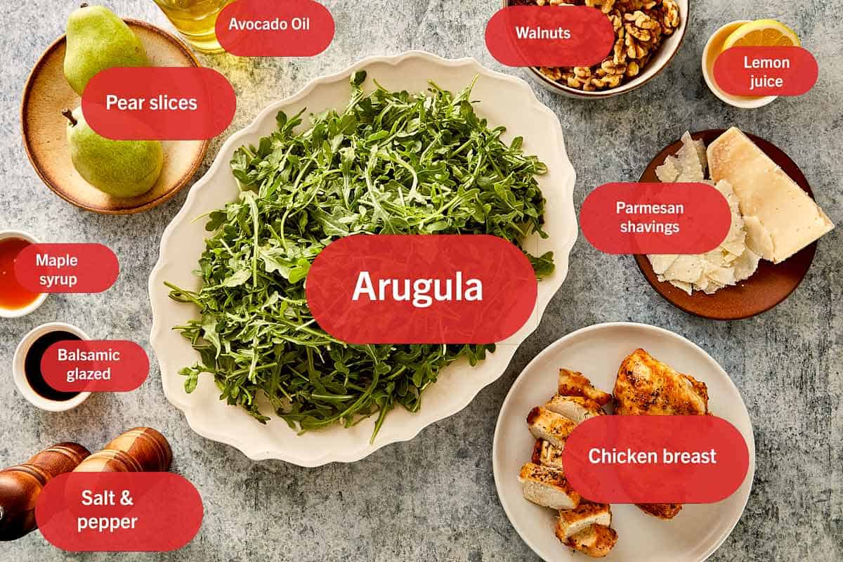 Top overview of ingredients for Arugula salad.