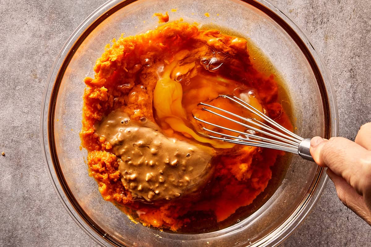 Overview top of bowl with sweet potato peanut butter and maple syrup
