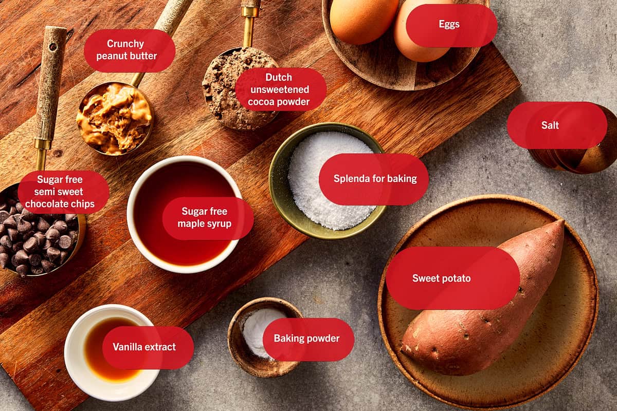 Top overview of Sweet Potato brownies Ingredients, including sweet potato, pure vanilla extract, eggs, maple syrup, diet chocolate chips, coca powder, eggs, splenda, baking powder, peanut butter and salt.