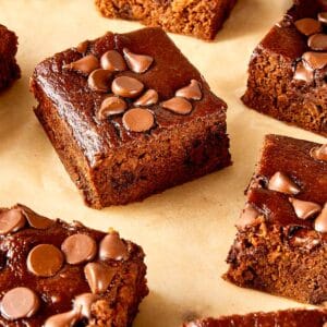 Close view of pieces of Sweet Potato brownies in a beige table