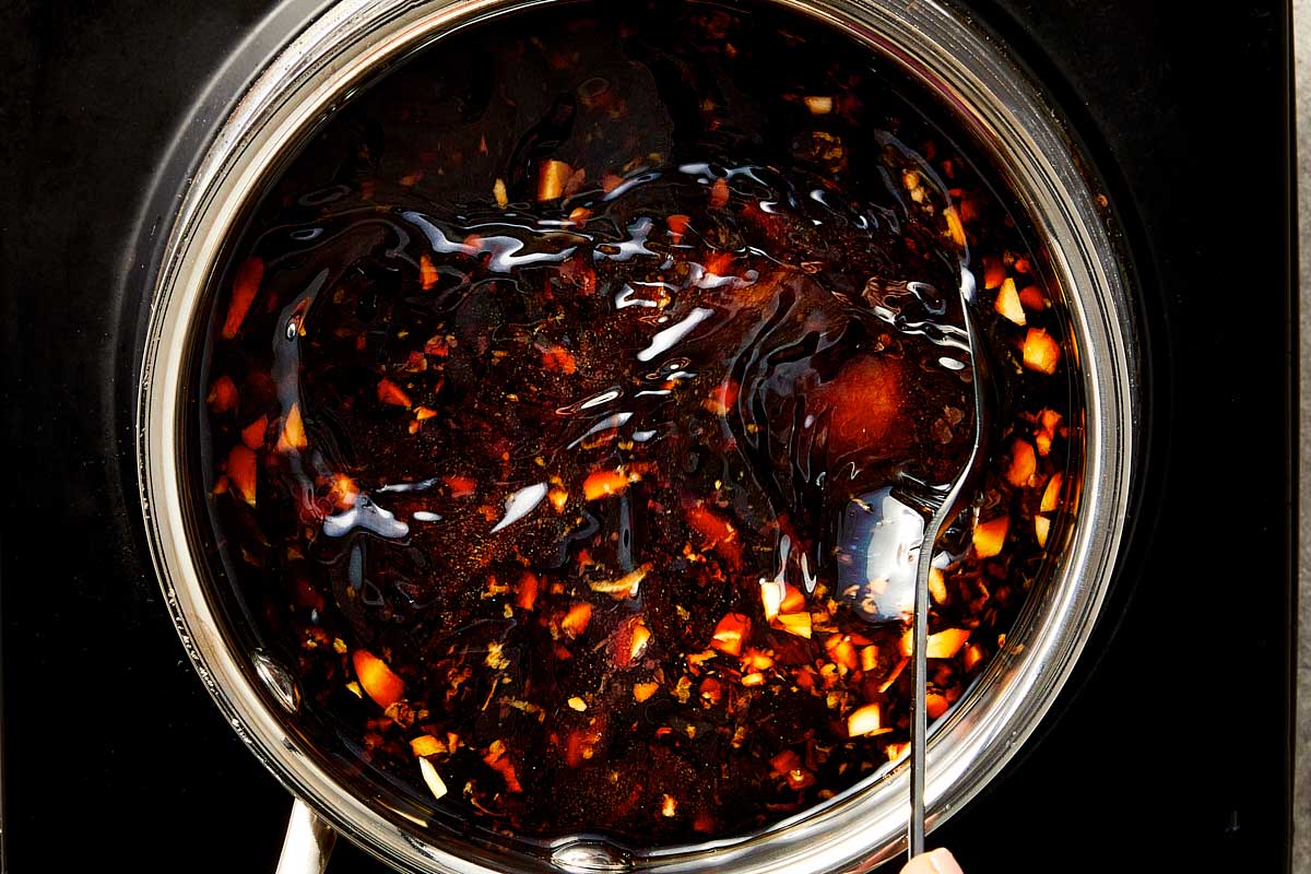 Teriyaki sauce ingredients mixed in a bowl