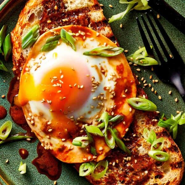 Close up of Teriyaki Poached egg ready in a toast