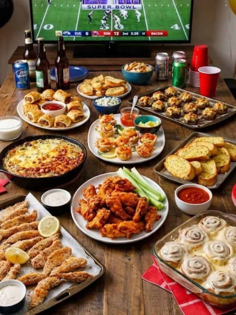 Game day table filled with delicious recipe ideas such as chicken wings, garlic bread, sausage rolls and chilli and a tv and beer bottles in the background