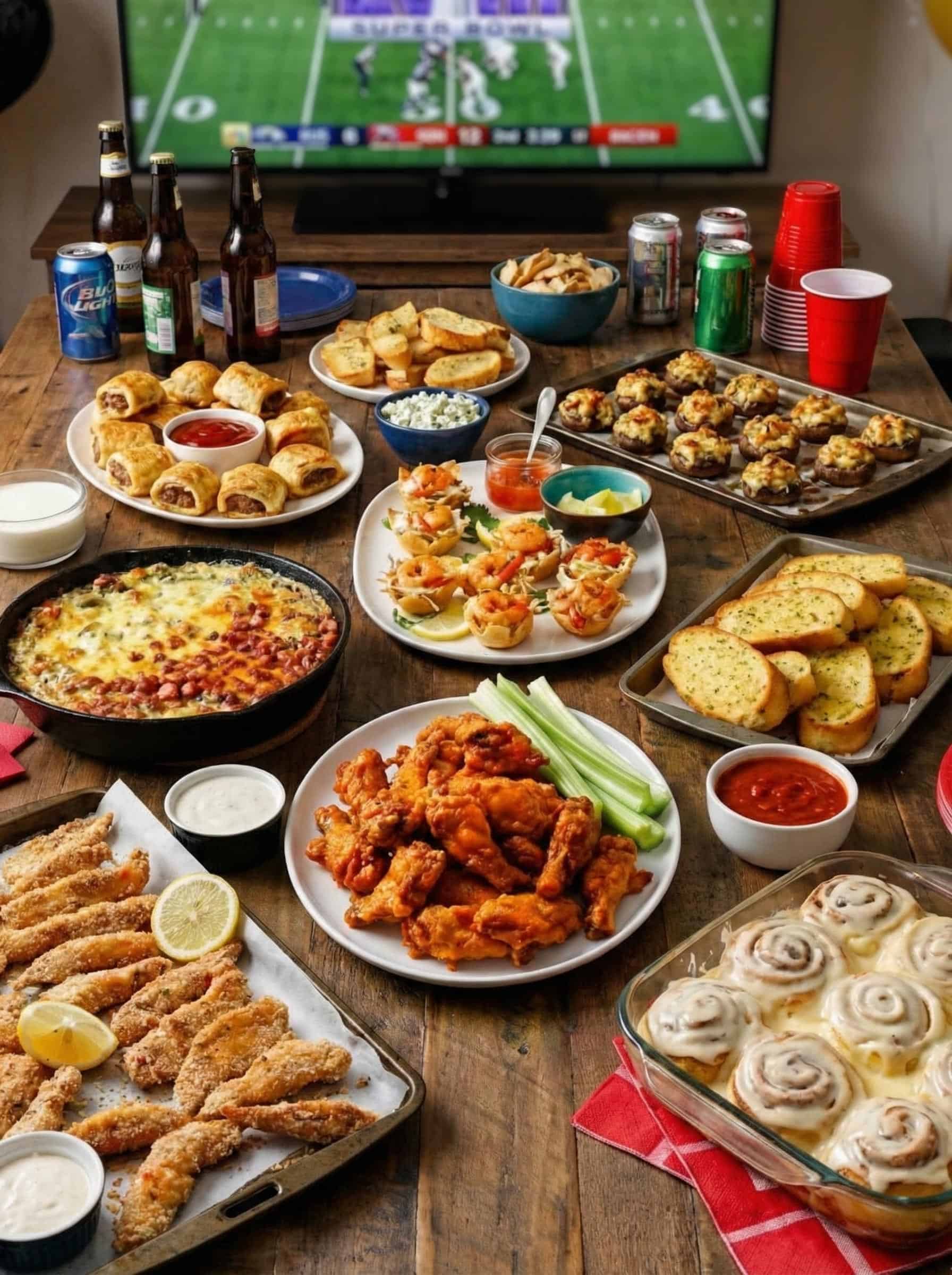 Game day table filled with delicious recipe ideas such as chicken wings, garlic bread, sausage rolls and chilli and a tv and beer bottles in the background