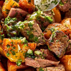 close up of steak bites and potatoes