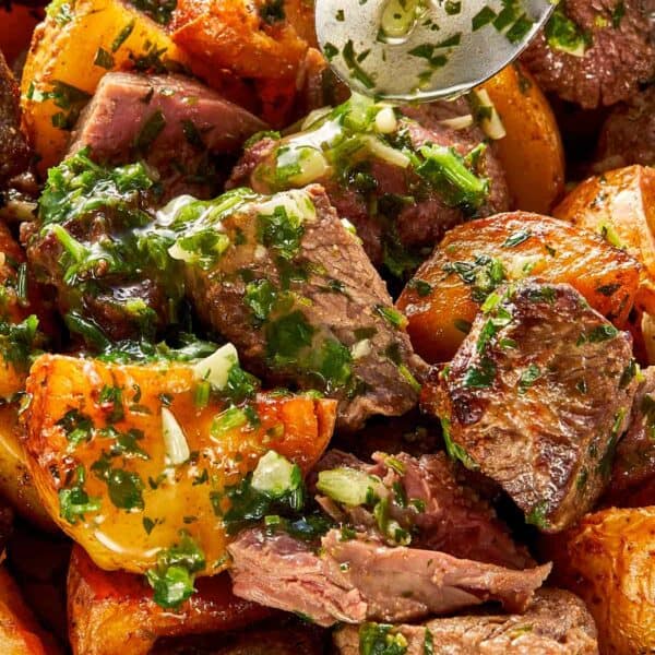 close up of steak bites and potatoes
