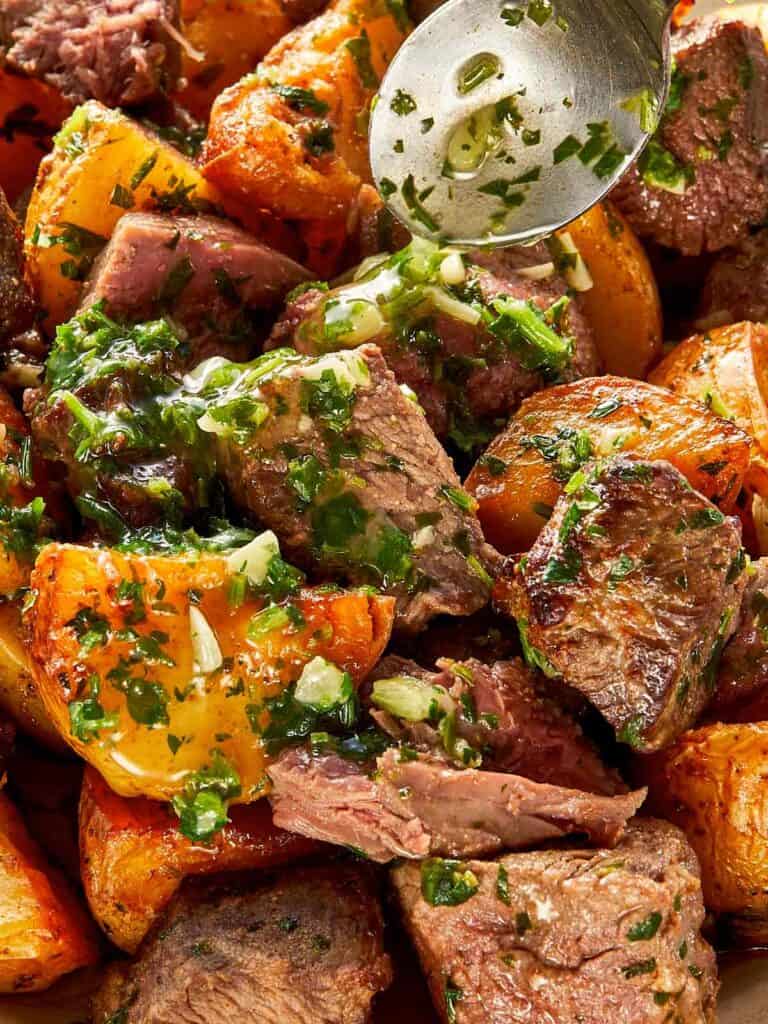 close up of steak bites and potatoes