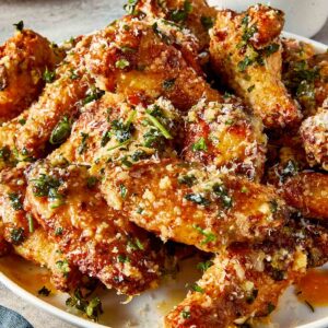 garlic parmesan chicken wings on plate with crispy skin, melted butter, parmesan cheese and fresh parsley