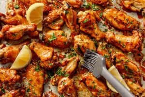 Crispy lemon pepper chicken wings coated in butter sauce, garnished with parsley and served with lemon wedges