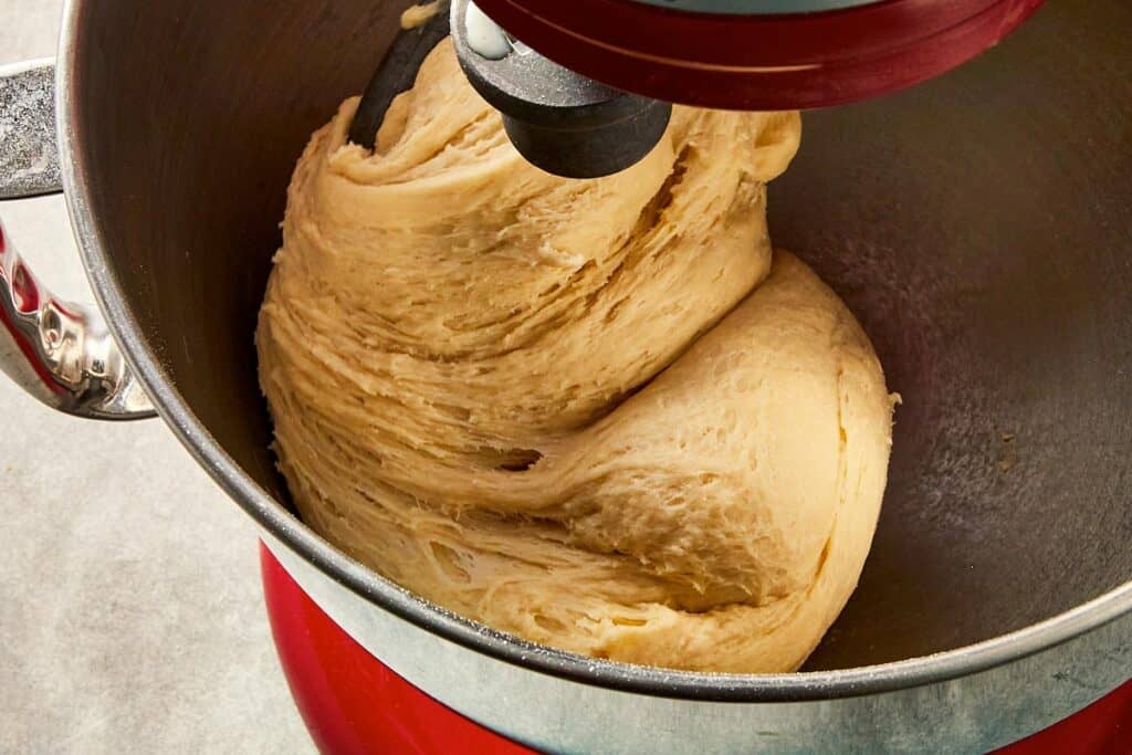 Soft dough kneading in a stand mixer until smooth