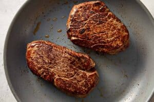 Cooked beef in a skillet