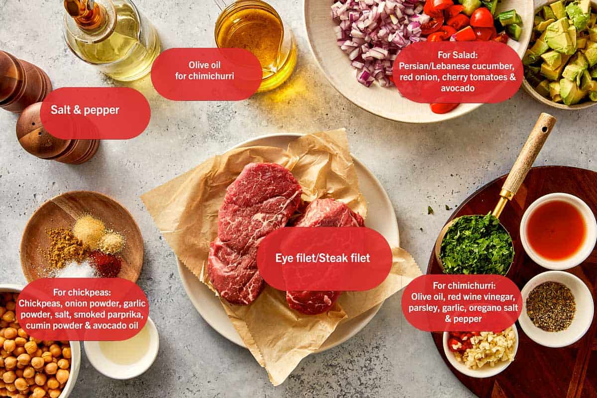 Top overview of ingredients for the steak and chickpea salad salad with chimichurri