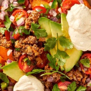Close up view of sweet potato taco bowl