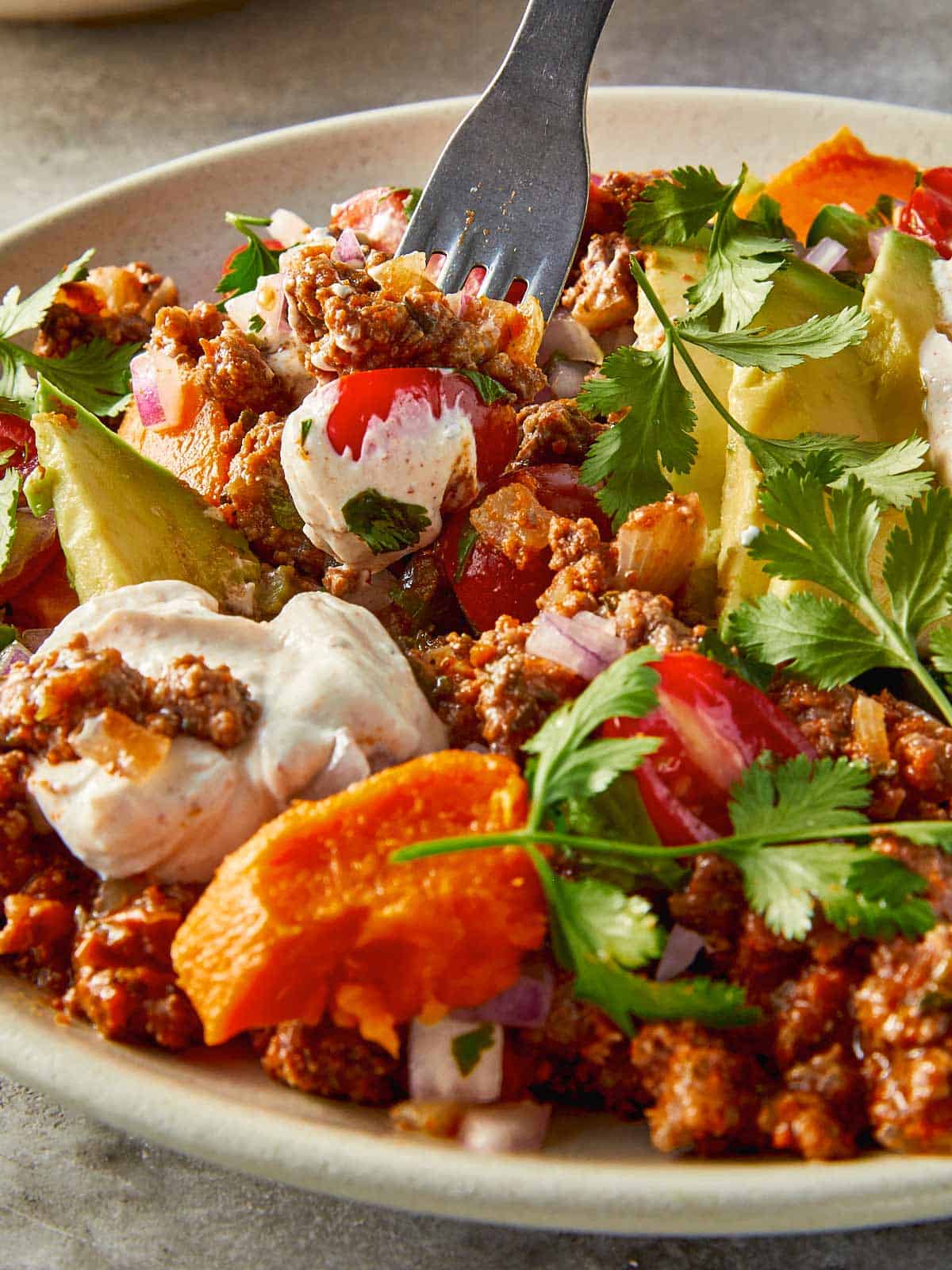close up of easy sweet potato taco bowl