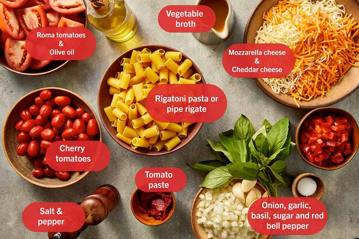 Ingredients for tomato soup mac and cheese including rigatoni pasta, roasted Roma and cherry tomatoes, garlic, onion, red bell pepper, tomato paste, vegetable broth, shredded mozzarella and cheddar cheese, olive oil, fresh basil, salt, pepper, and sugar.