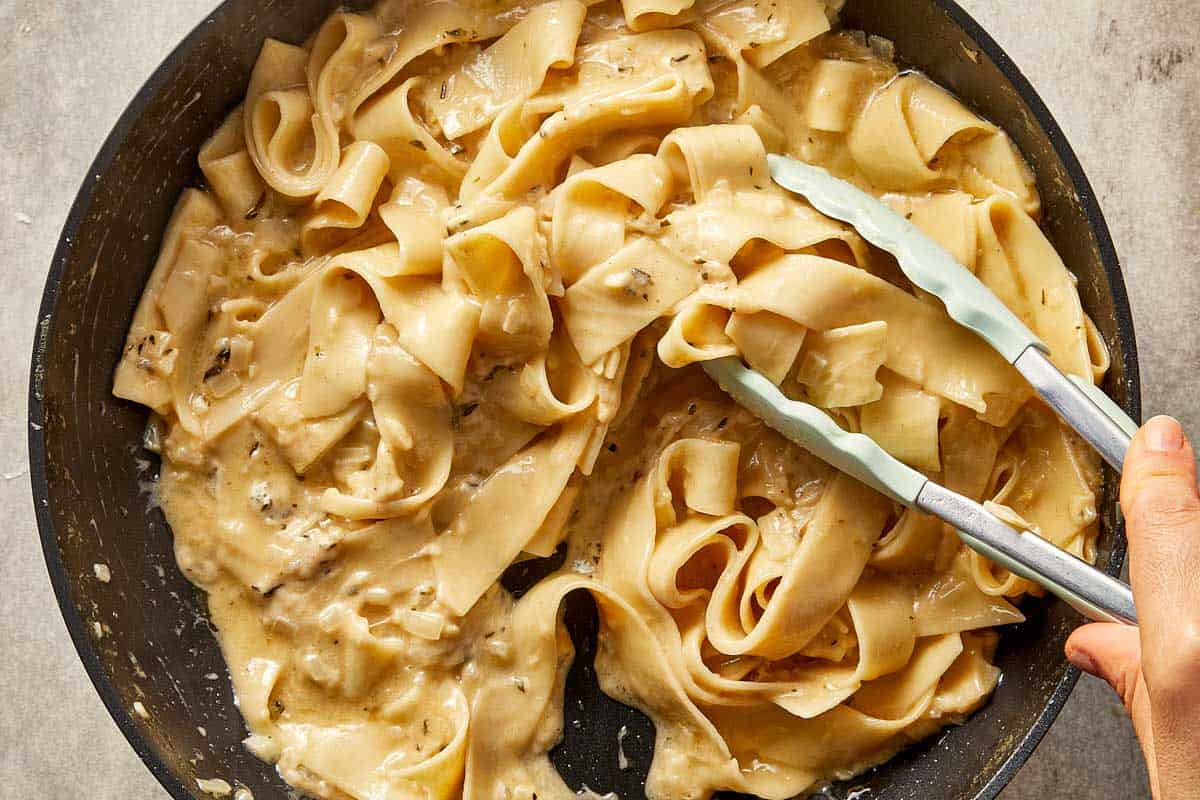 Fettuccine tossed in brown butter Alfredo sauce until fully coated and creamy.
