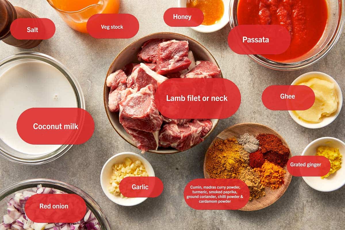 Ingredients for lamb curry labeled