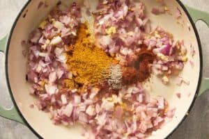 Onion, garlic and rest of spices in a pot