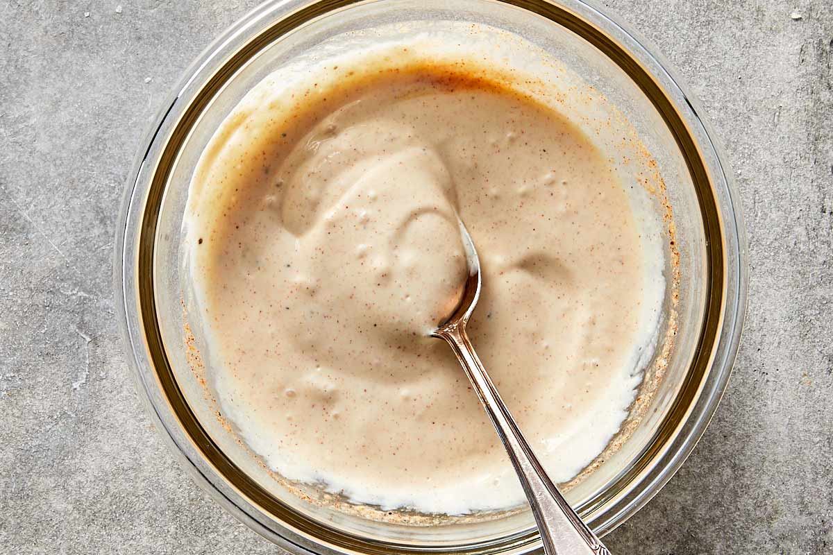 creamy tuna salad dressing mixed until smooth in a bowl