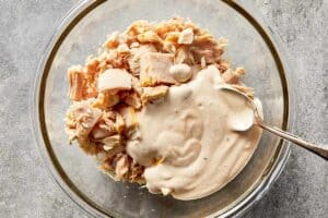 tuna gently mixed with creamy dressing keeping chunky texture