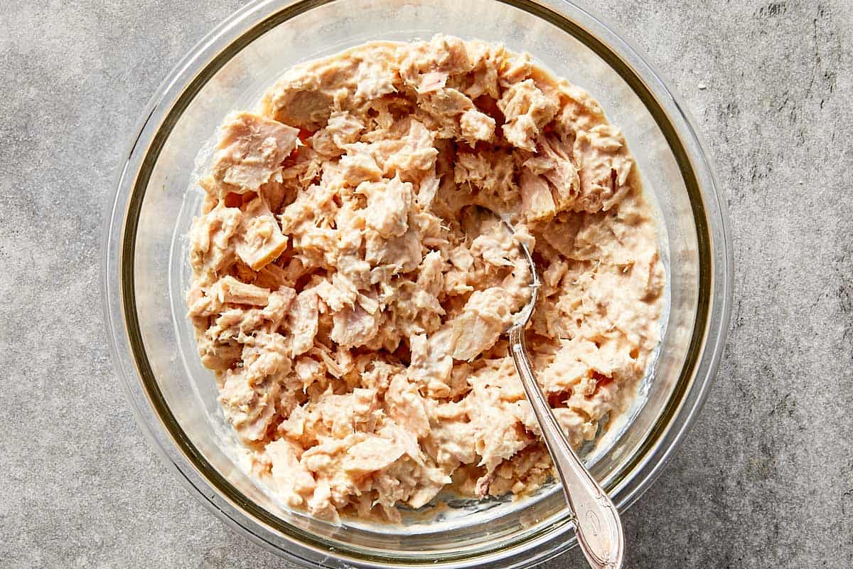 tuna gently mixed with creamy dressing keeping chunky texture