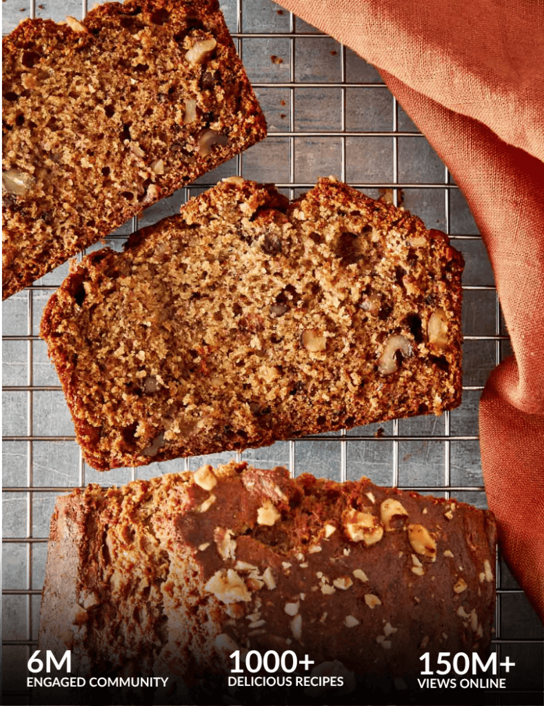 Slices of homemade banana bread with chopped nuts on a cooling rack, with Cafe Delites stats overlay showing 6M engaged community, 100+ delicious recipes, and 150M+ views online.