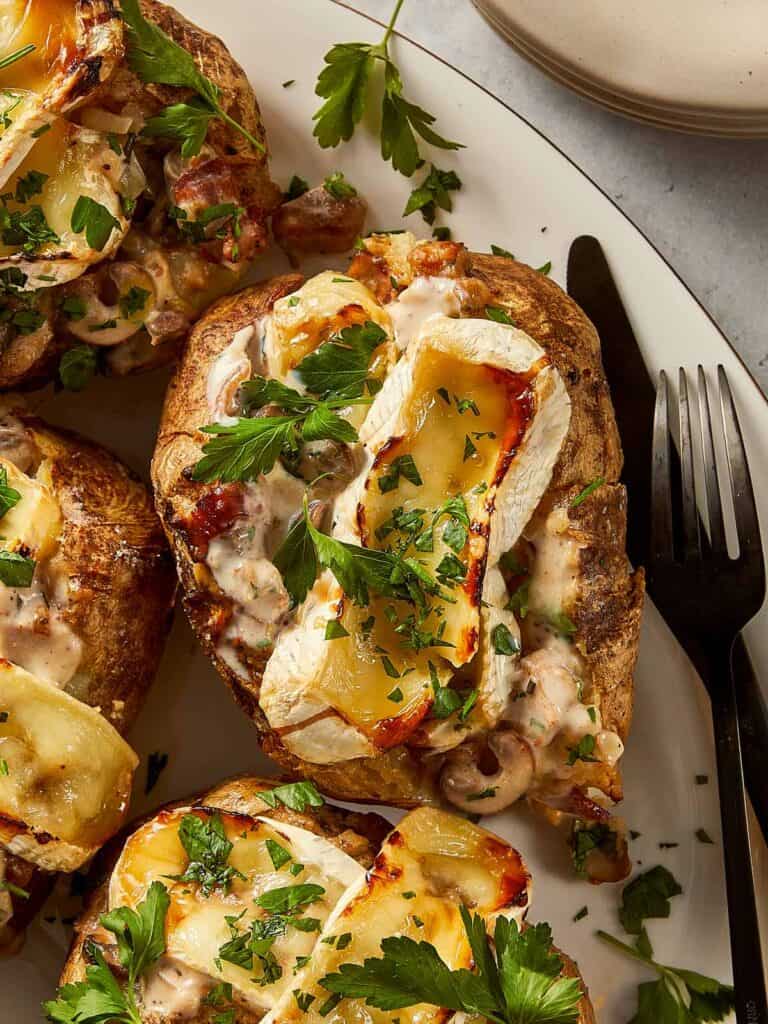Close Up of Loaded baked potatoes in a plate ready to eat