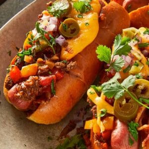 close up chili dogs ready to eat