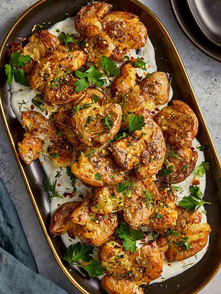 Smashed Potatoes with lemon and whipped feta