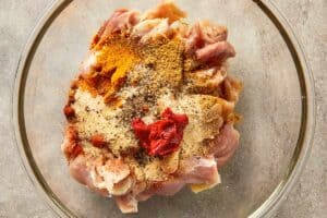 mix of salt, pepper, garlic powder, onion powder, turmeric, cumin, coriander, smoked paprika, chili powder, tomato paste, lemon juice, and oil.