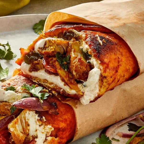 Close Up Shawarma Chicken Wrap with sauce