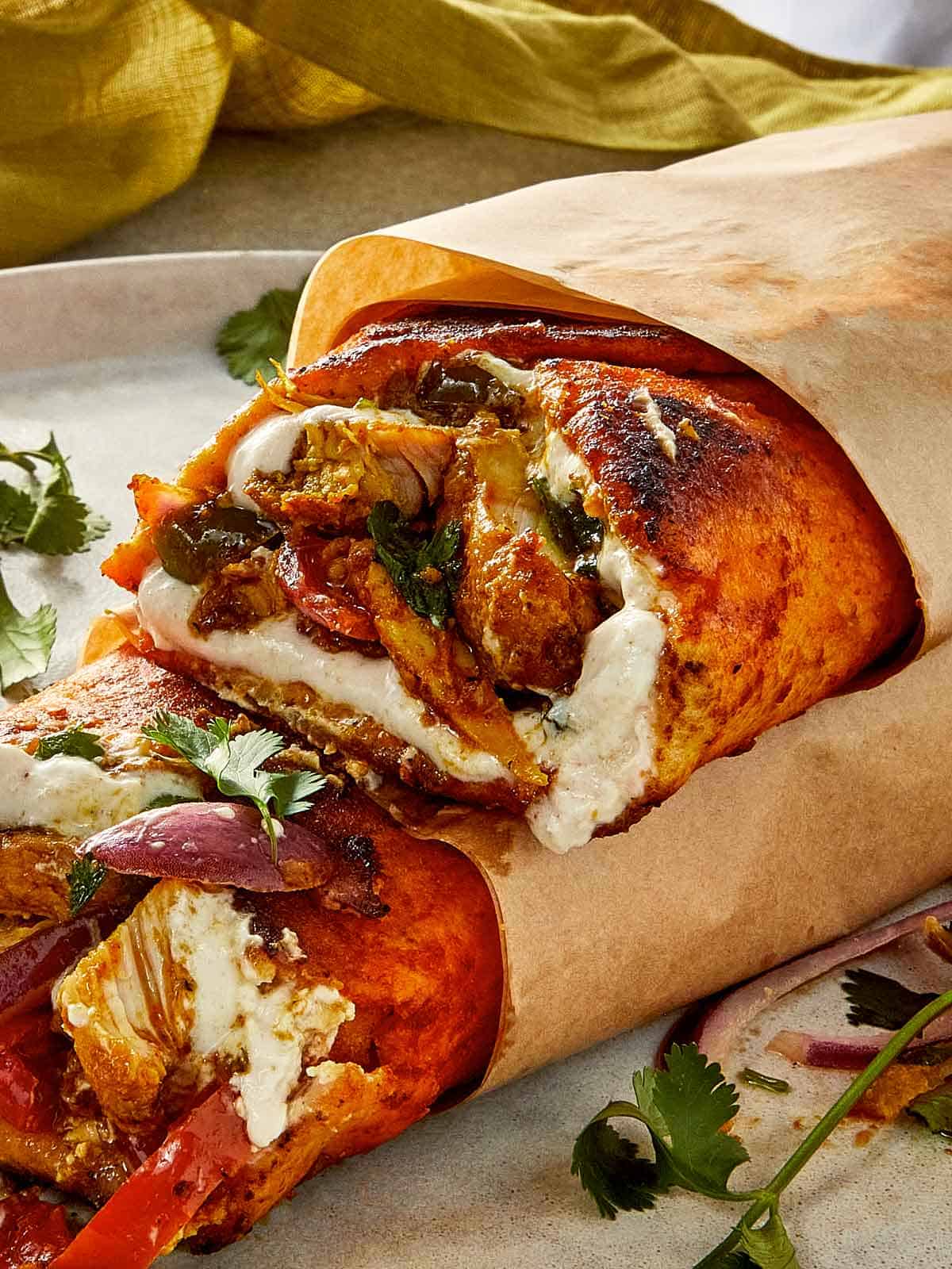 Close Up Shawarma Chicken Wrap with sauce