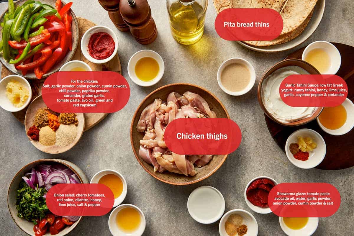 Ingredients for chicken wrap in a table labeled with a red tag