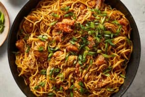 finished plate of sesame chicken noodles