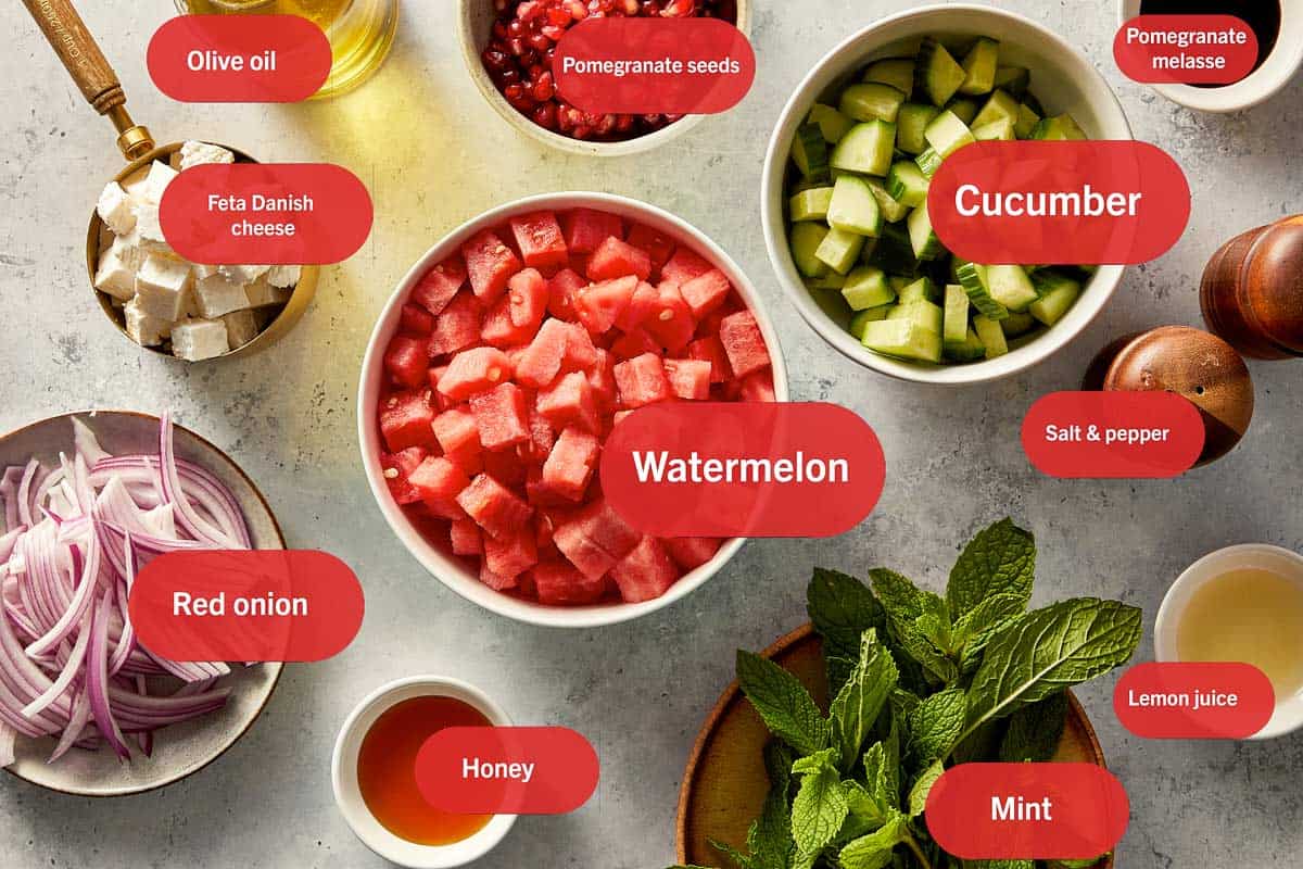 Ingredients for Watermelon feta Salad labeled in a table