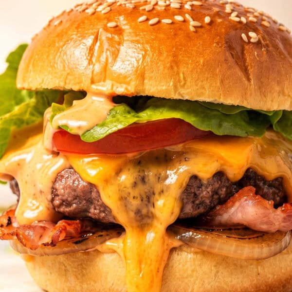 shot of beef burger with melty cheese