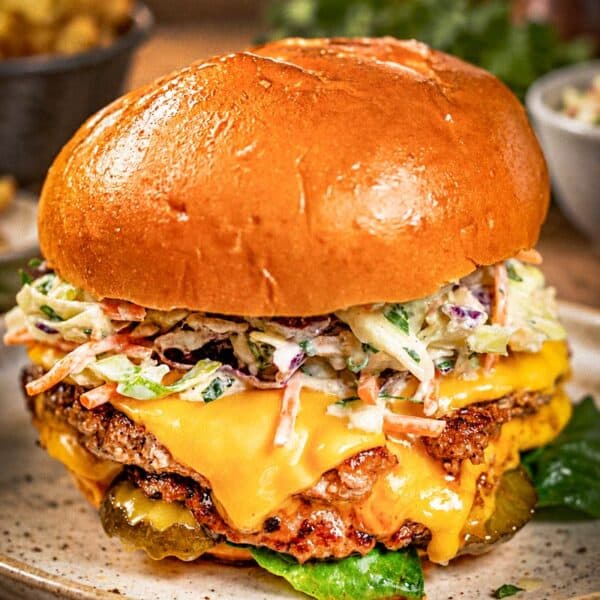 A close-up of a stacked turkey smash burger on a toasted brioche bun, featuring double patties with melted cheddar cheese, creamy coleslaw, sliced pickles, and lettuce.
