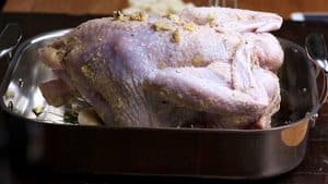 A side-angle view of a raw, whole turkey coated with a garlic and herb seasoning rub, resting inside a deep stainless steel roasting pan.